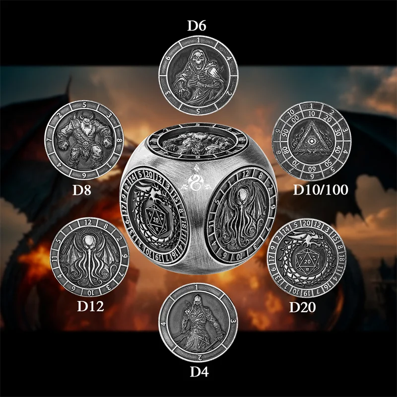 7-in-1 Metal Rotating Dice with Six Different Patterns D4/d6D/d8/d10/d12/d20/d100 Dice for Board Game Role Play Game Gift Box
7-in-1 Metal Rotating Dice with Six Different Patterns D4/d6D/d8/d10/d12/d20/d100 Dice for Board Game Role Play Game Gift Box