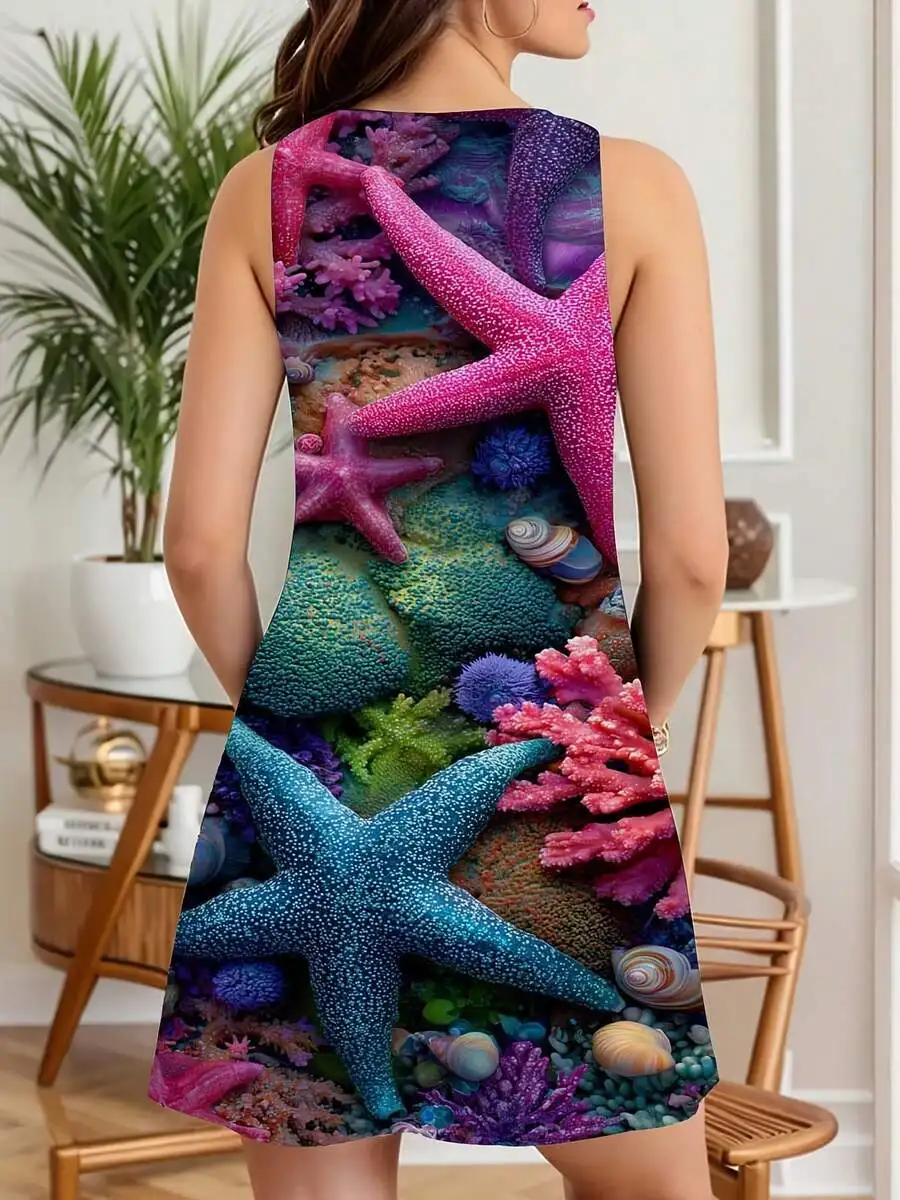 Women Sleeveless Dress Starfish Coral Print Summer Beach Dress
Women Sleeveless Dress Starfish Coral Print Summer Beach Dress
