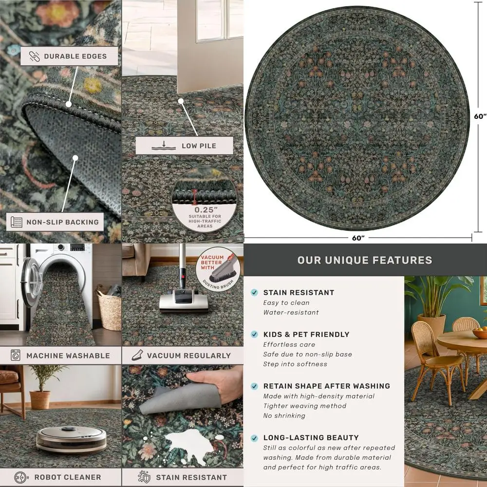 Soft 5ft Round Washable Rug, Ultra-Thin Non-Slip, Vintage Floral Green Circle Carpet for Living Room, Bedroom, Kitchen, Nursery
Soft 5ft Round Washable Rug, Ultra-Thin Non-Slip, Vintage Floral Green Circle Carpet for Living Room, Bedroom, Kitchen, Nursery