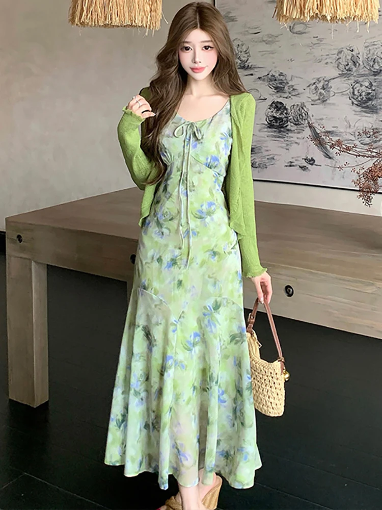 2026 Green Floral Chiffon Bow Sling Dress+Knitted Cardigan Two Piece Sets Women Summer New Korean Elegant Casual Chic Dress Sets
2026 Green Floral Chiffon Bow Sling Dress+Knitted Cardigan Two Piece Sets Women Summer New Korean Elegant Casual Chic Dress Sets