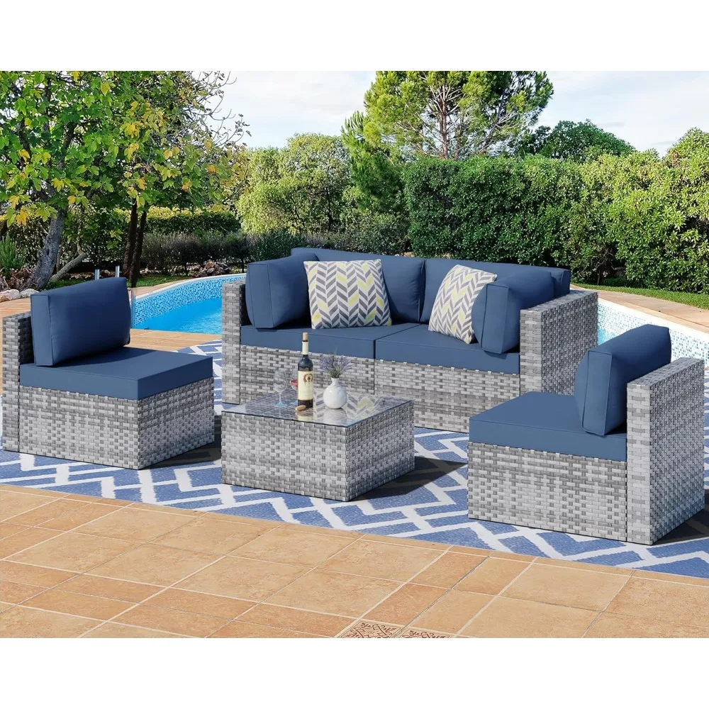 5-piece outdoor patio set with silver-grey PE wicker furniture, washable cushion and glass coffee table
5-piece outdoor patio set with silver-grey PE wicker furniture, washable cushion and glass coffee table