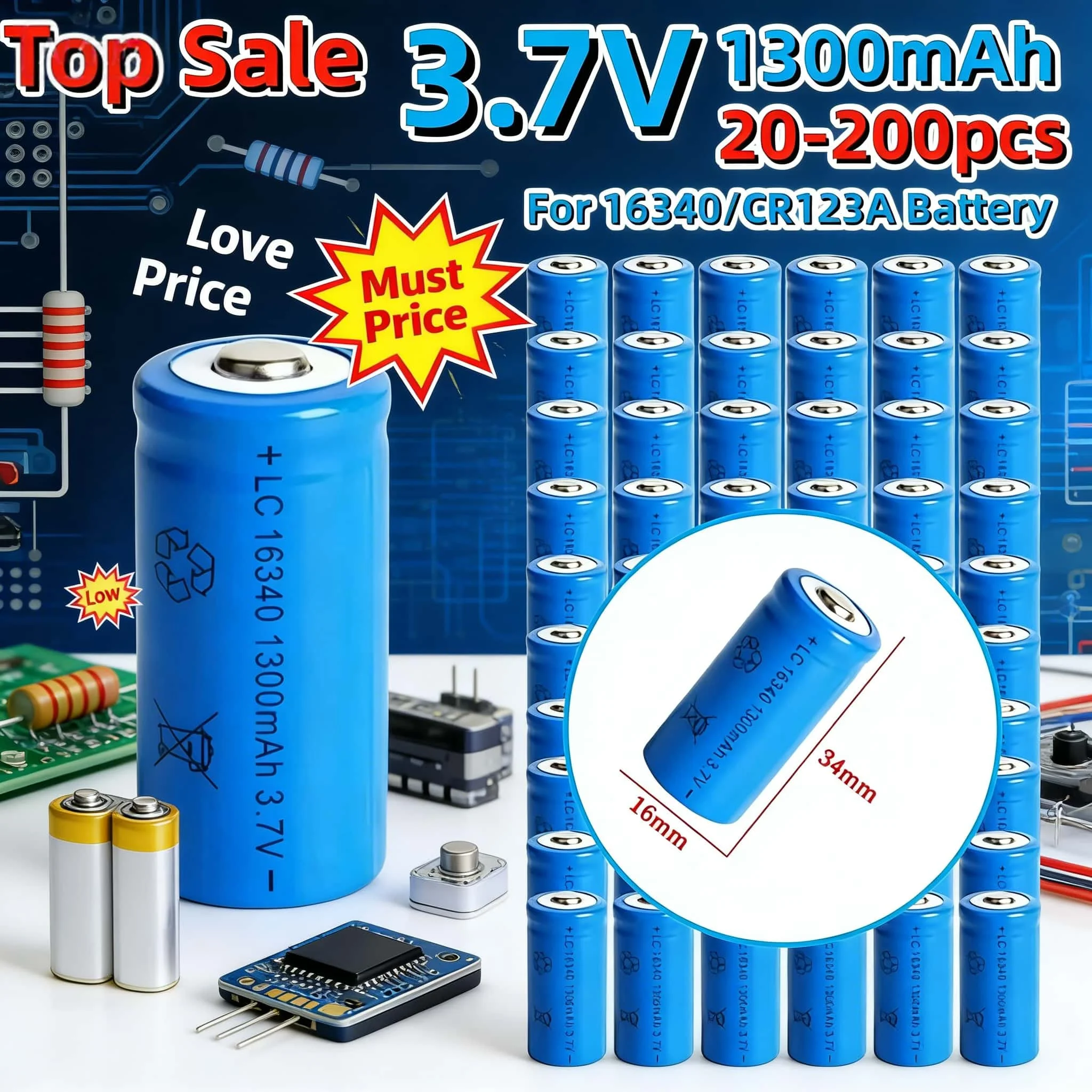 16340 3.7V 1300mAh CR123A High Capacity Rechargeable Li-ion Battery, 20-200PCS for LED Flashlight, Laser Pen, Tactical Light
16340 3.7V 1300mAh CR123A High Capacity Rechargeable Li-ion Battery, 20-200PCS for LED Flashlight, Laser Pen, Tactical Light