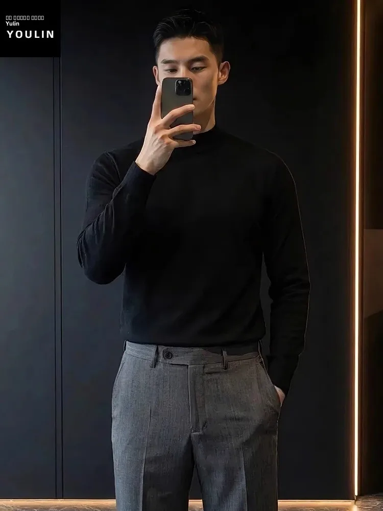 Мужской облегающий вязаный свитер с высоким воротником, на флисовой подкладке, черный, базовый слой, повседневный, зимний, модный топ
Мужской облегающий вязаный свитер с высоким воротником, на флисовой подкладке, черный, базовый слой, повседневный, зимний, модный топ