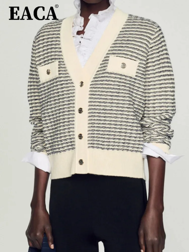 EACA Simple Temperament 2024 Spring And Autumn New Women's Striped Knitted Sweater V-neck Loose Woolen Sweater Cardigan
EACA Simple Temperament 2024 Spring And Autumn New Women's Striped Knitted Sweater V-neck Loose Woolen Sweater Cardigan