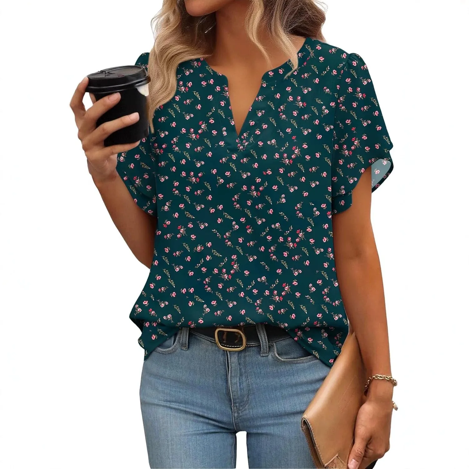 Summer Womens Blouse V Neck Short Sleeve Blouses Loose Fit Ruffle Sleeve Chiffon Blouse Dark Green Multicolor Floral Top
Summer Womens Blouse V Neck Short Sleeve Blouses Loose Fit Ruffle Sleeve Chiffon Blouse Dark Green Multicolor Floral Top