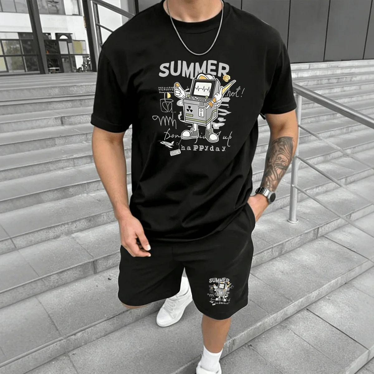 Mens Black Summer Robot Graphic T-Shirt And Shorts Set Casual Matching Outfit
Mens Black Summer Robot Graphic T-Shirt And Shorts Set Casual Matching Outfit