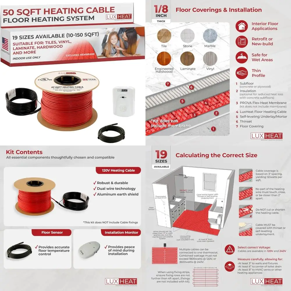 Easy Install 50 Square Feet 120V Underfloor Heating System for Tile, Vinyl, and Laminate - Comfortable Warm Floors
Easy Install 50 Square Feet 120V Underfloor Heating System for Tile, Vinyl, and Laminate - Comfortable Warm Floors