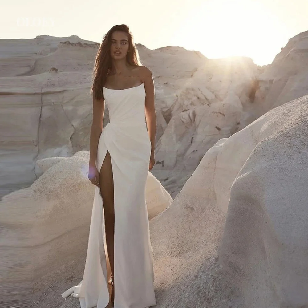 Customized Simple Stain Strapless Pleat Mermaid Wedding Dresses Sleeveless Side Slit Backless Floor Length Formal Bridal Gown
Customized Simple Stain Strapless Pleat Mermaid Wedding Dresses Sleeveless Side Slit Backless Floor Length Formal Bridal Gown