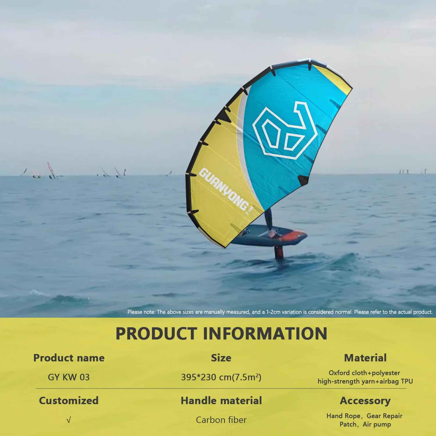GYBrand7.5M Wind Wing Waterfoil Boat Kite Inflatable Surfing Sailboard Blackyellow&blue color scheme395*230cm with Carbon Handle
GYBrand7.5M Wind Wing Waterfoil Boat Kite Inflatable Surfing Sailboard Blackyellow&blue color scheme395*230cm with Carbon Handle