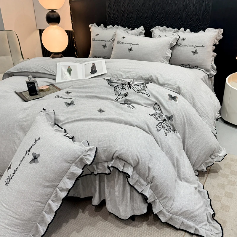 3/4Pcs Bedding Set Gray Embroidered Butterfly Yarn-Dyed Linen Double Bed Skirt Set Ruffle Bed Sheet Pillowcase Four-Season
3/4Pcs Bedding Set Gray Embroidered Butterfly Yarn-Dyed Linen Double Bed Skirt Set Ruffle Bed Sheet Pillowcase Four-Season