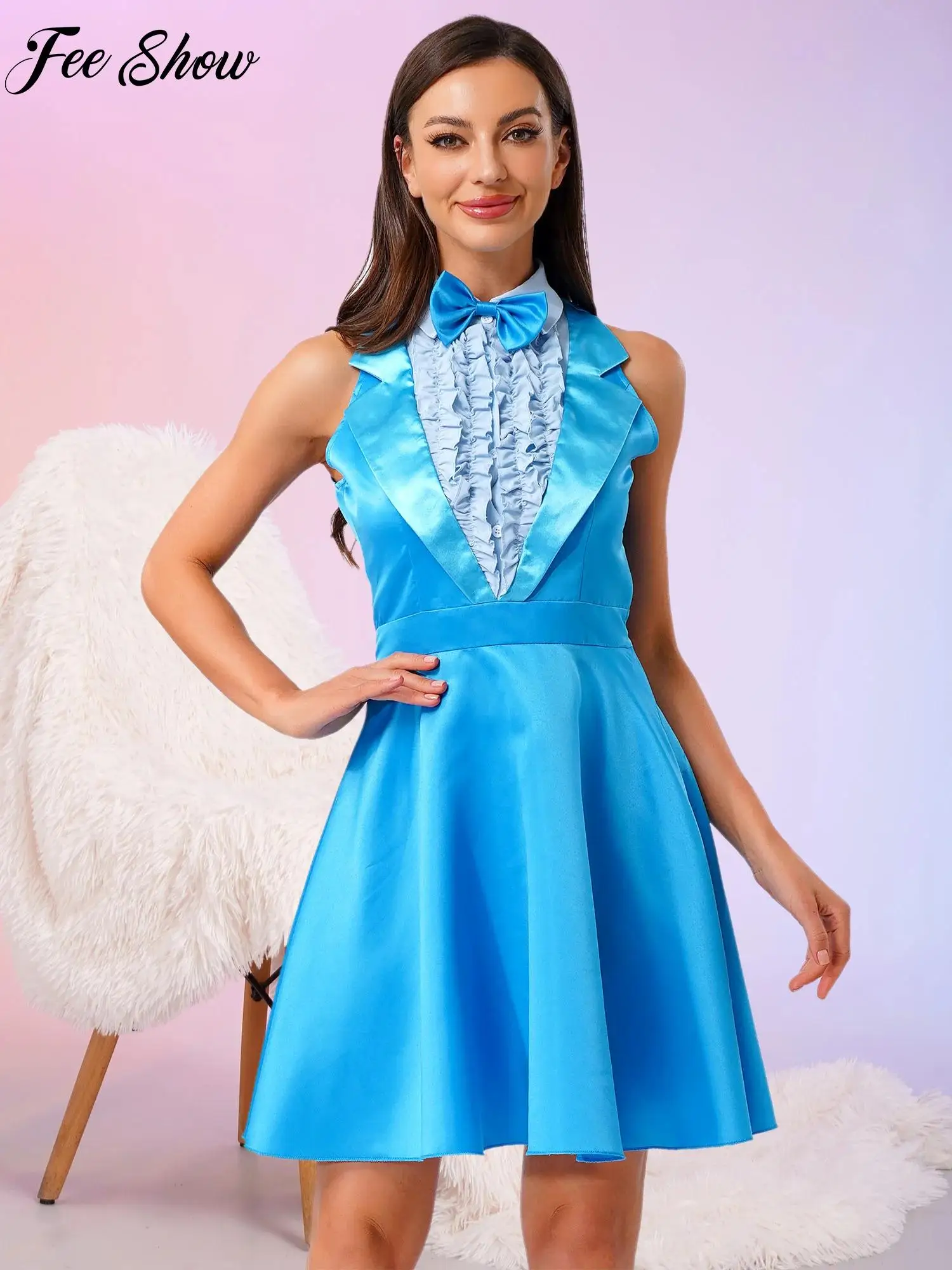 Halloween 70s 80s Dumber Cosplay Dress+Bowtie Lapel Sleeveless Ruffled Chest Dress Fancy Dress-up Party Raves Costumes for Women
Halloween 70s 80s Dumber Cosplay Dress+Bowtie Lapel Sleeveless Ruffled Chest Dress Fancy Dress-up Party Raves Costumes for Women