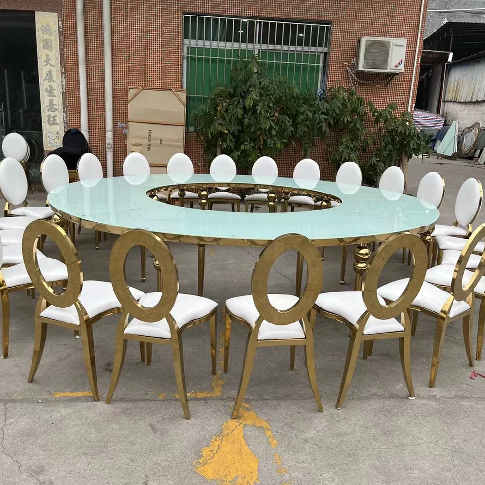 Hotel Luxury Wedding Round Dining Table Glass Top Serpentine Gold Stainless Steel Event Party Table
Hotel Luxury Wedding Round Dining Table Glass Top Serpentine Gold Stainless Steel Event Party Table