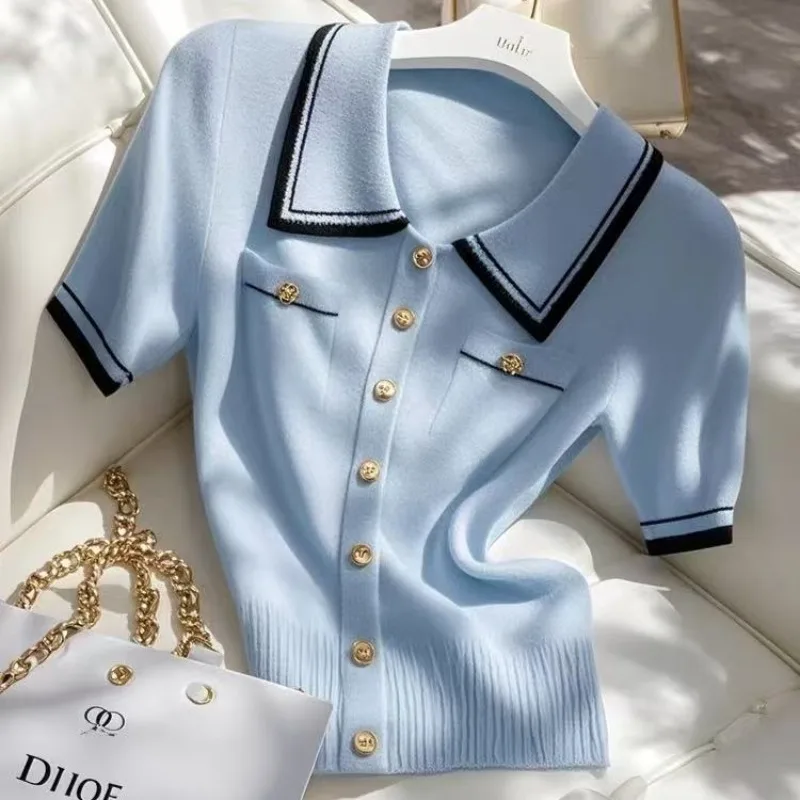Women Clothing Temperament Elegant Knitted Contrast Tops Summer Fashion Commute Short Sleeve Chic Button Slim T-shirt
Women Clothing Temperament Elegant Knitted Contrast Tops Summer Fashion Commute Short Sleeve Chic Button Slim T-shirt