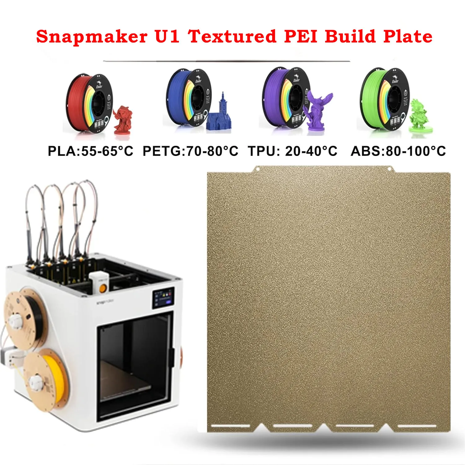 U1 Build Plate Double Sided Gold Textured PEI Sheet for Snapmaker U1 276×293mm Flexible Spring Steel Print Bed Strong Adhesion
U1 Build Plate Double Sided Gold Textured PEI Sheet for Snapmaker U1 276×293mm Flexible Spring Steel Print Bed Strong Adhesion