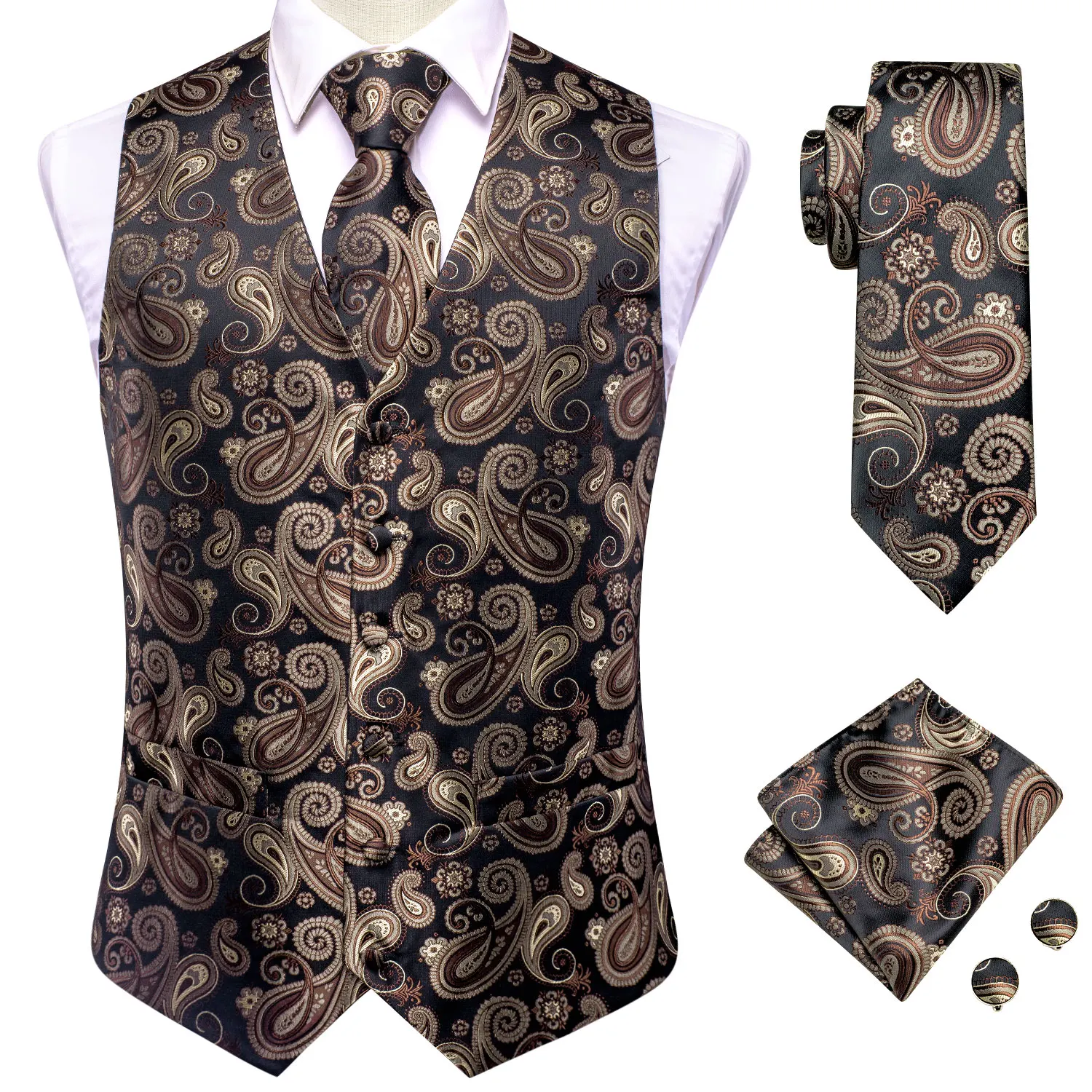 Brown Coffee Silk Mens Vest Tie Set Jacquard Paisley Sleeveless Jacket Suit Waistcoat Necktie Hanky Cufflinks Wedding Business
Brown Coffee Silk Mens Vest Tie Set Jacquard Paisley Sleeveless Jacket Suit Waistcoat Necktie Hanky Cufflinks Wedding Business