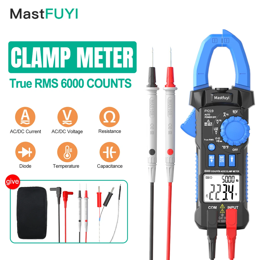 MASTFUYI Digital Clamp Meter Professional Multimeter True RMS AC/DC Current Voltage Inrush Current Diode Test 6000 Counts
MASTFUYI Digital Clamp Meter Professional Multimeter True RMS AC/DC Current Voltage Inrush Current Diode Test 6000 Counts