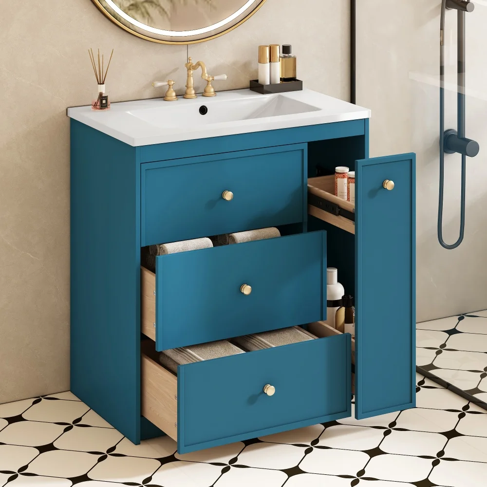 30" Bathroom Vanity with Ceramic Sink Freestanding Modern Vanity Set with 4 Drawers Durable Blue Storage Cabinet for Bathroom
30" Bathroom Vanity with Ceramic Sink Freestanding Modern Vanity Set with 4 Drawers Durable Blue Storage Cabinet for Bathroom
