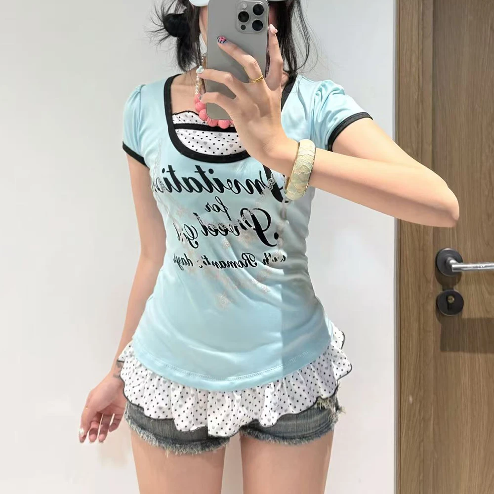 New Polka Dot Letter Printed T-Shirt Summer Y2K Round Neck T-Shirt Women's Slim Fit Fake Two Piece Set Short Sleeve Summer Top
New Polka Dot Letter Printed T-Shirt Summer Y2K Round Neck T-Shirt Women's Slim Fit Fake Two Piece Set Short Sleeve Summer Top