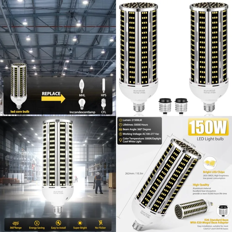 150W 2 pack LED Corn Light Bulb 1500W Equivalent,Commercial Grade DayLight 5000K E26/E39 22900LM Medium Mogul Base LED Lamp, La
150W 2 pack LED Corn Light Bulb 1500W Equivalent,Commercial Grade DayLight 5000K E26/E39 22900LM Medium Mogul Base LED Lamp, La