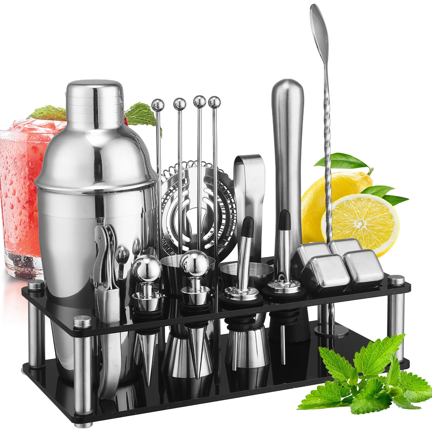 21Pcs Black Acrylic Bar Tools Set Cocktail Shaker Strainer Bar Spoon Fruit Pick Complete Bartender Kit
21Pcs Black Acrylic Bar Tools Set Cocktail Shaker Strainer Bar Spoon Fruit Pick Complete Bartender Kit