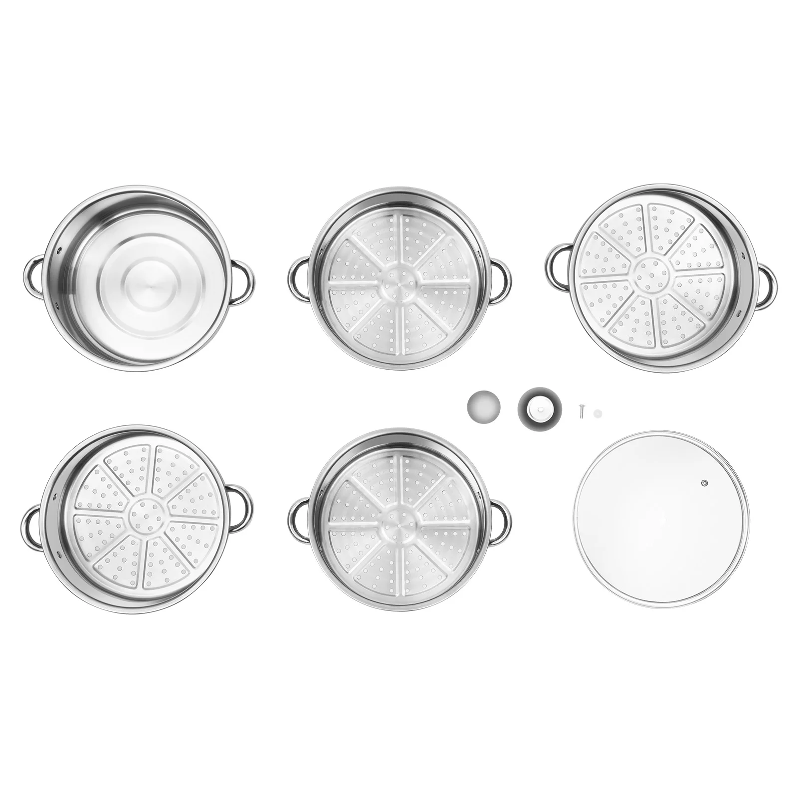 5 Tier Steamer Pot 26cm Round Stainless Steel Food Steam Cooker for Steaming and Cooking Fish, Shrimp, with Glass Lid & Handles
5 Tier Steamer Pot 26cm Round Stainless Steel Food Steam Cooker for Steaming and Cooking Fish, Shrimp, with Glass Lid & Handles