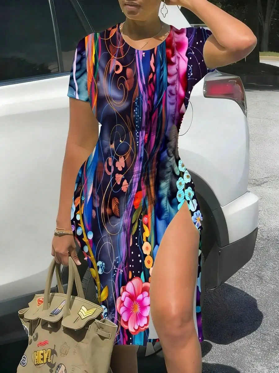 Women Short Sleeve Fitted Midi Dress With Side Slit And Ruffles Colorful Floral Abstract Swirl Print
Women Short Sleeve Fitted Midi Dress With Side Slit And Ruffles Colorful Floral Abstract Swirl Print
