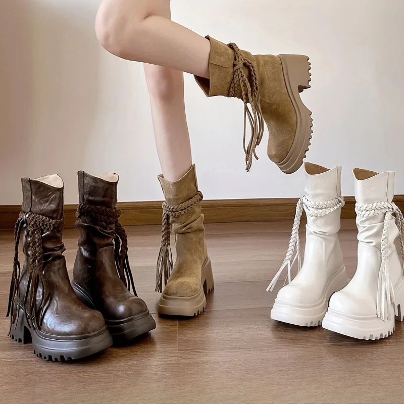 8CM Women's Shoes New Retro Soft Leather Slouchy Boots for Woman Exquisite Platform Mid Calf Boots Designer Shoes Botas Feminina
8CM Women's Shoes New Retro Soft Leather Slouchy Boots for Woman Exquisite Platform Mid Calf Boots Designer Shoes Botas Feminina