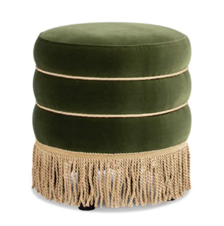 Edward 17.5" Round Upholstered Ottoman with Bullion Fringe, Olive Green
Edward 17.5" Round Upholstered Ottoman with Bullion Fringe, Olive Green