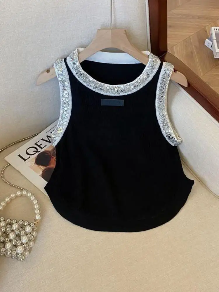 Korean Women Clothing Black Patchwork Sequined Sexy Slim Tank Tops Summer Round Neck Sleeveless Off Shoulder Vest Streetwear New
Korean Women Clothing Black Patchwork Sequined Sexy Slim Tank Tops Summer Round Neck Sleeveless Off Shoulder Vest Streetwear New