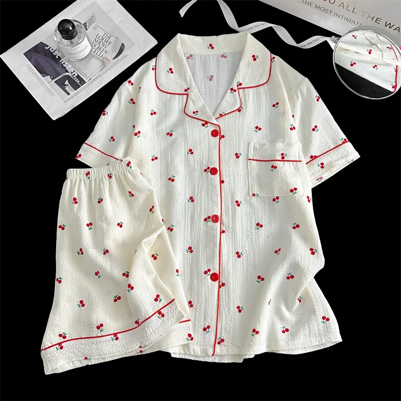 Summer Short Sleeve Sleepwear Women's Bubble Gauze Pleated Cardigan Sweet Little Cherry Thin Home Clothes Set Casual Style 22 S594eba7e99d64921991ab0df69436723v