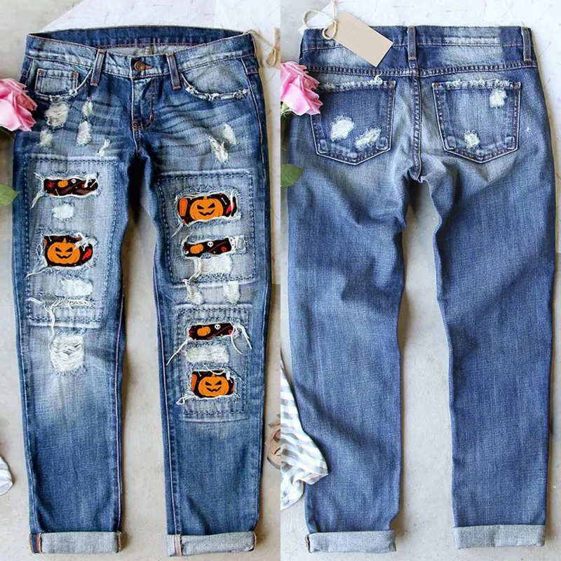 Trendy Halloween Pumpkin Print Straight Leg Jeans Women's mid Waist Long Pants Fashionable Hole Design Casual Bootcut Trousers
Trendy Halloween Pumpkin Print Straight Leg Jeans Women's mid Waist Long Pants Fashionable Hole Design Casual Bootcut Trousers