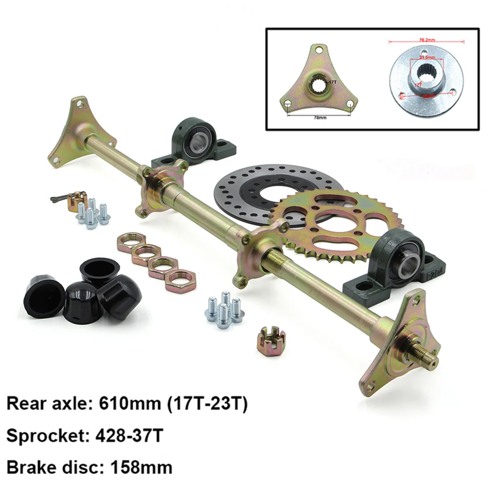 610mm Rear Axle Assy With 428# 37T Sprocket 160mm Brake Disc UCP204 Bearing For DIY Kids ATV UTV Buggy Tricycle Quad Bike Parts
610mm Rear Axle Assy With 428# 37T Sprocket 160mm Brake Disc UCP204 Bearing For DIY Kids ATV UTV Buggy Tricycle Quad Bike Parts