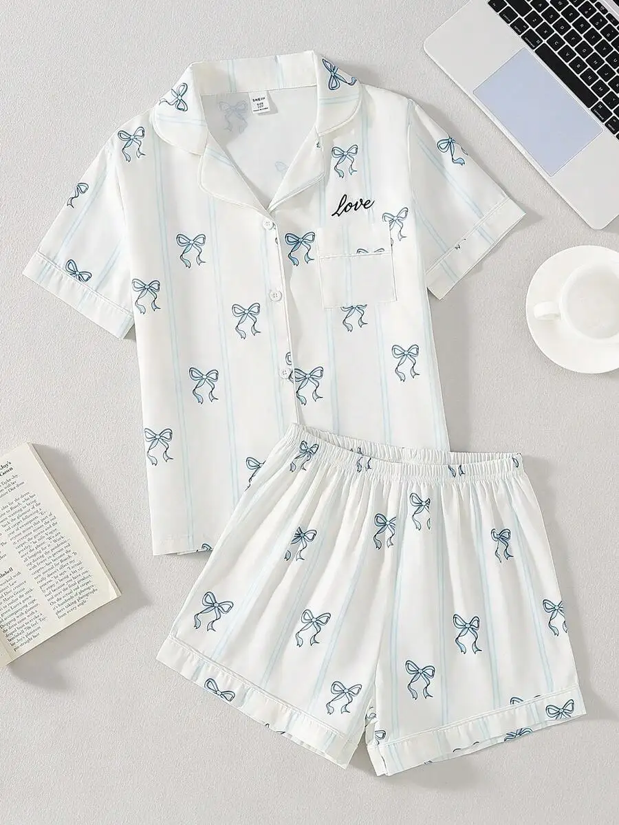 2-Piece Women Bow Print Button Up Short Sleeve Pajama Set Soft Cotton Sleepwear Loungewear
2-Piece Women Bow Print Button Up Short Sleeve Pajama Set Soft Cotton Sleepwear Loungewear