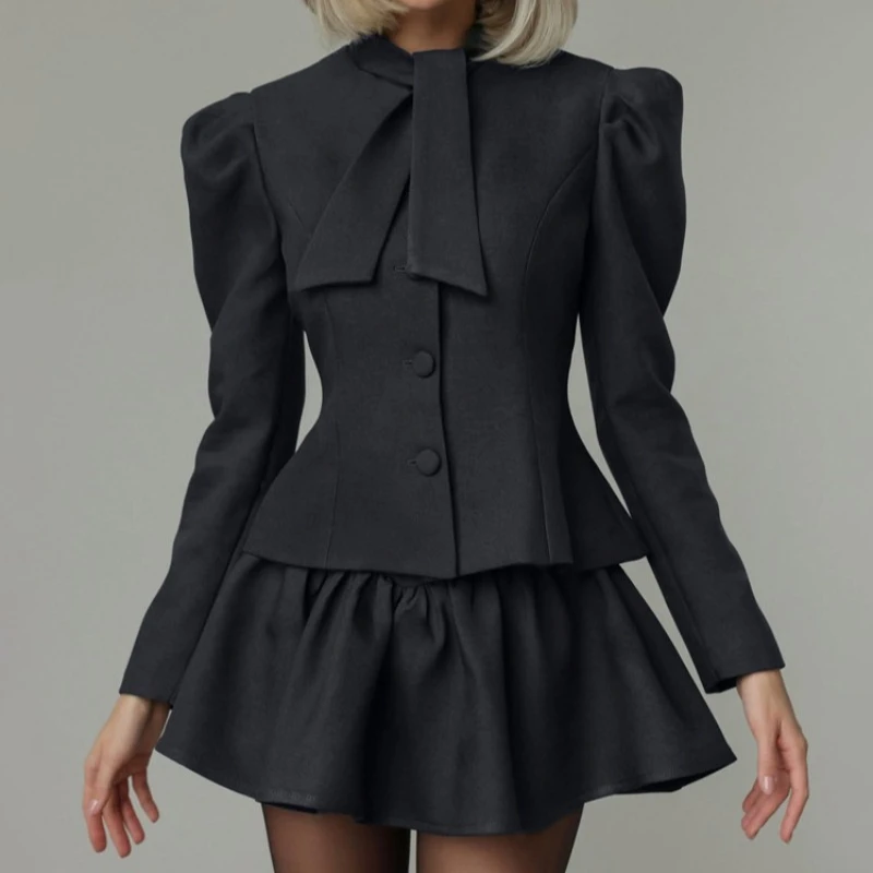 Trendix Short Ruffle Dress 2 Piece Sets Femme Fashion Bow Tie Patchwork Long Sleeve Blazer High Waist Mini Skirt Suits Women New
Trendix Short Ruffle Dress 2 Piece Sets Femme Fashion Bow Tie Patchwork Long Sleeve Blazer High Waist Mini Skirt Suits Women New