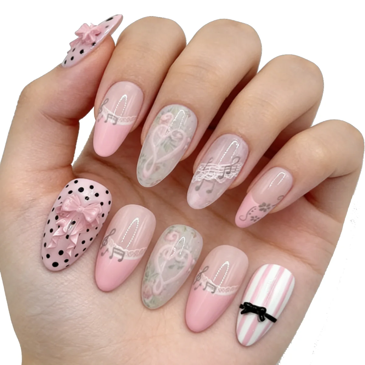 24PCS Almond Shape False Nails French Cat Eye Lace Music Note Vine Bow Polka Dot Design Pink Ins Style Removable Press on Nails
24PCS Almond Shape False Nails French Cat Eye Lace Music Note Vine Bow Polka Dot Design Pink Ins Style Removable Press on Nails