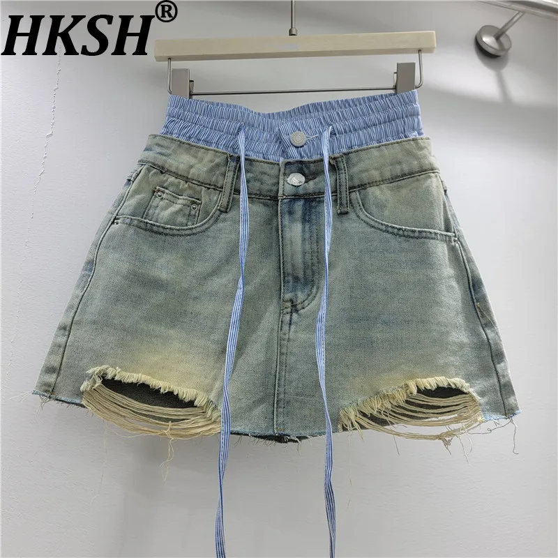 HKSH Women Short Skirt Color Block Patchwork Ripped Distressed Denim Versatile Retro Streetwear Casual Y2K Skirts Summer HK22297
HKSH Women Short Skirt Color Block Patchwork Ripped Distressed Denim Versatile Retro Streetwear Casual Y2K Skirts Summer HK22297