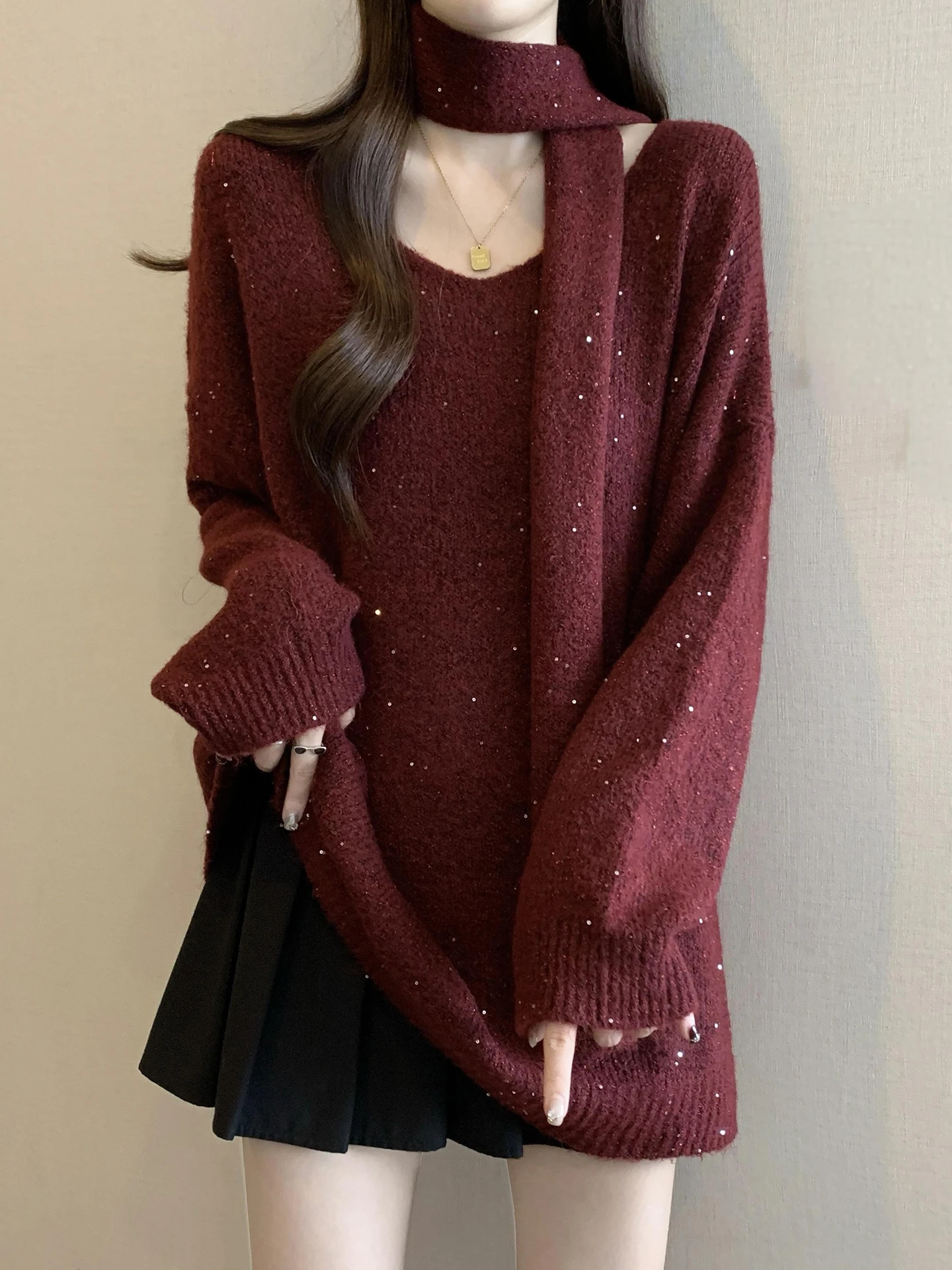 Red awl Collar Sparkling Tead Knit Sweater Women's Autumn Winter plus Size Lazy Medium Length Casual Sle Warm Top
Red awl Collar Sparkling Tead Knit Sweater Women's Autumn Winter plus Size Lazy Medium Length Casual Sle Warm Top