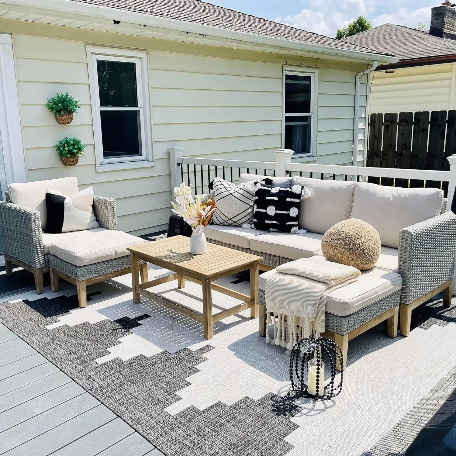 5-Piece All-Weather Patio Conversation Set, High Back Wicker Rattan Setional Sofa, Ottomans & Wooden Coffee Table (Beige)
5-Piece All-Weather Patio Conversation Set, High Back Wicker Rattan Setional Sofa, Ottomans & Wooden Coffee Table (Beige)
