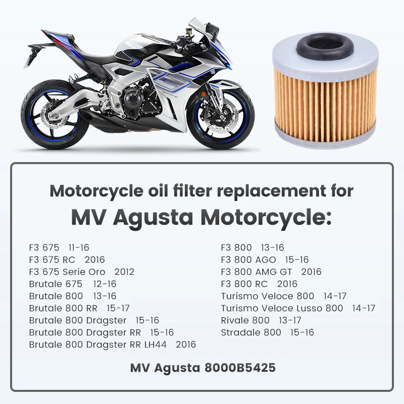 Oil Filter 8000B5425 for MV Agusta F3 675 2011-2016 Brutale 675 Brutale 800 Dragster F3 Turismo Veloce Stradale Rivale 800
Oil Filter 8000B5425 for MV Agusta F3 675 2011-2016 Brutale 675 Brutale 800 Dragster F3 Turismo Veloce Stradale Rivale 800