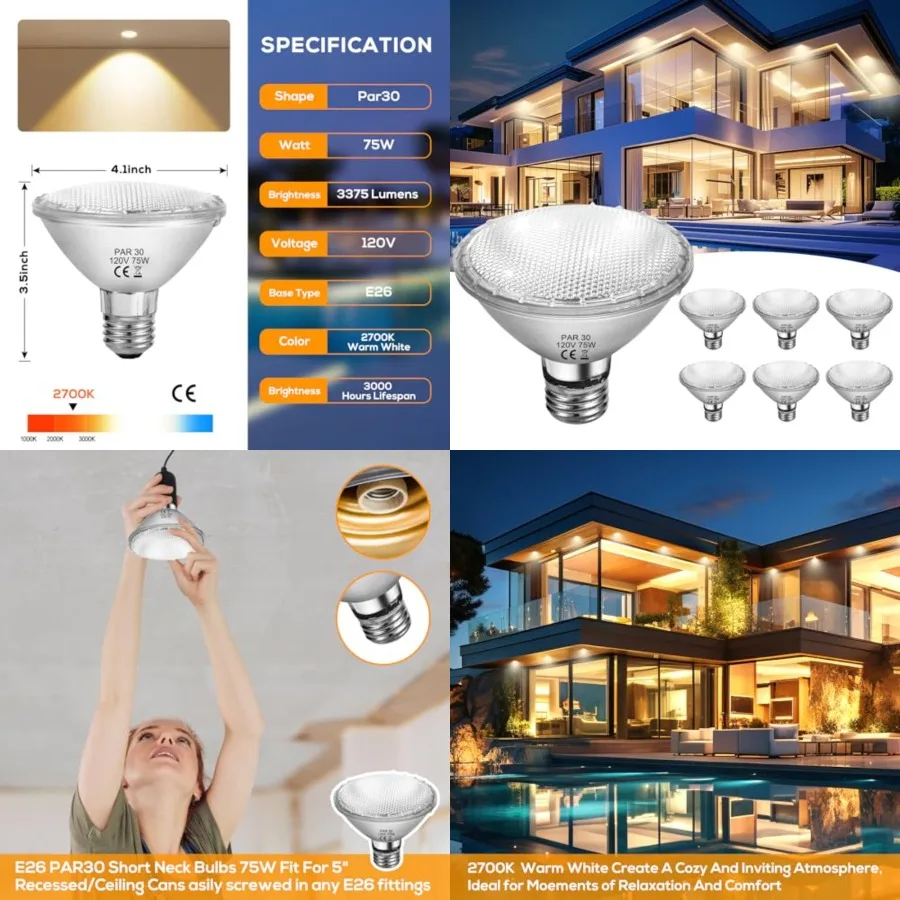 PAR30 Short Neck 75W Halogen Flood Light Bulbs, 6-Pack, 2700K Dimmable, 120V E26 Base for 5-6in Recessed/Ceiling Can/Accent/Tra
PAR30 Short Neck 75W Halogen Flood Light Bulbs, 6-Pack, 2700K Dimmable, 120V E26 Base for 5-6in Recessed/Ceiling Can/Accent/Tra