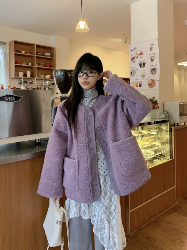 plus Size Women's Thiened Lamb Fur Jaet Sweet round Ne Purple Outerwear Autumn Winter Loose Versatile Warm Top
plus Size Women's Thiened Lamb Fur Jaet Sweet round Ne Purple Outerwear Autumn Winter Loose Versatile Warm Top