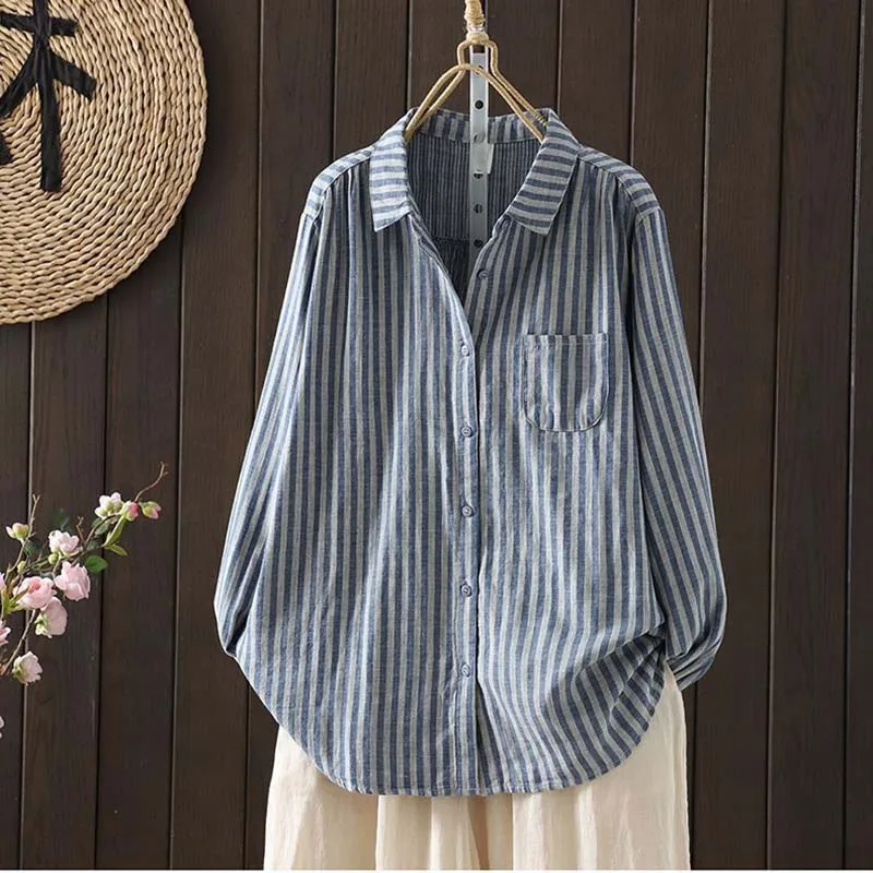 Spring Autumn Long Sleeve Pink Green Blue Striped Cotton Shirt Cardigan Women Vintage Button-Up Casual Loose Top Cover Ups
Spring Autumn Long Sleeve Pink Green Blue Striped Cotton Shirt Cardigan Women Vintage Button-Up Casual Loose Top Cover Ups