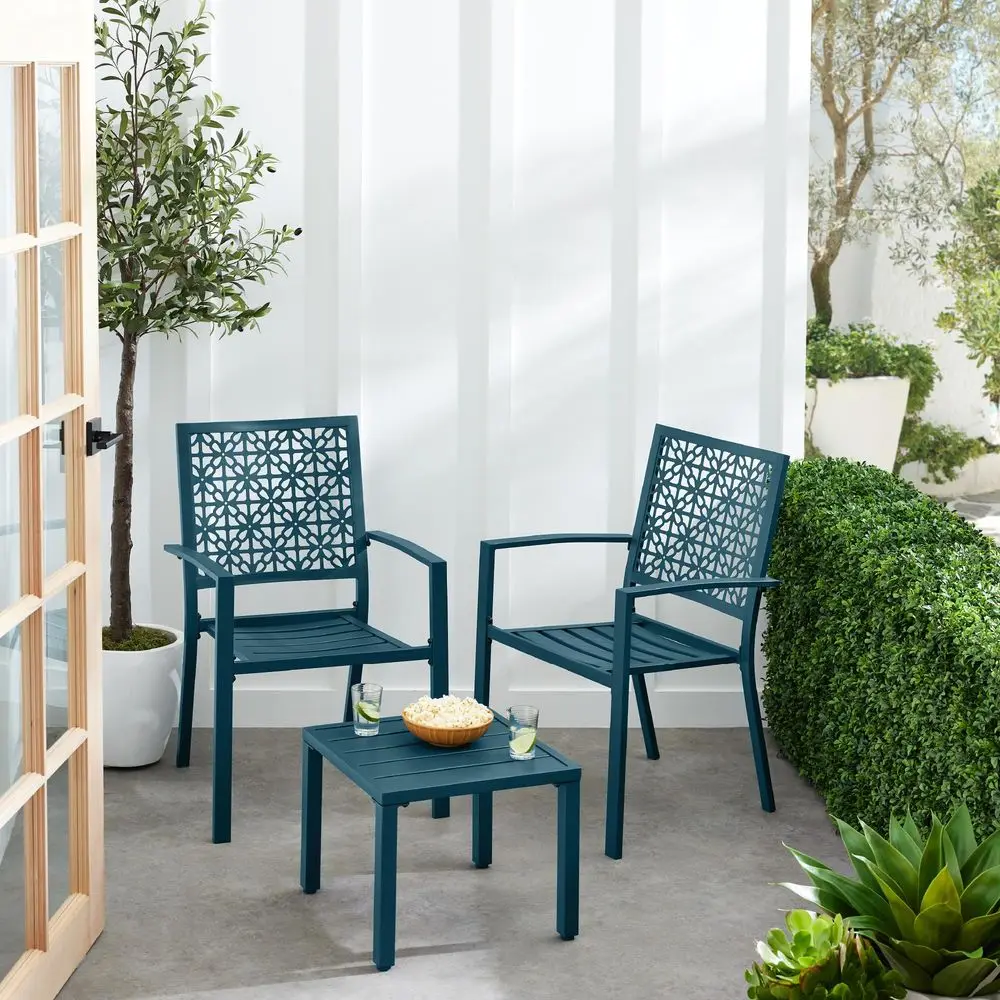 3Piece Outdoor Bistro Set, Stackable Modern Steel Furniture for Porch, Garden w 2 Chairs, Table, Geometric Decor Peacock Blue
3Piece Outdoor Bistro Set, Stackable Modern Steel Furniture for Porch, Garden w 2 Chairs, Table, Geometric Decor Peacock Blue