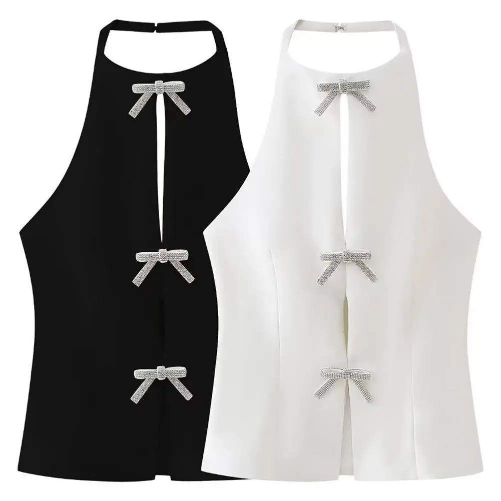 Women Fashion With Diamond Bow Solid Side Zipper Backless Tops Vintage Halter Neck Sleeveless Female Chic Lady Tops
Women Fashion With Diamond Bow Solid Side Zipper Backless Tops Vintage Halter Neck Sleeveless Female Chic Lady Tops