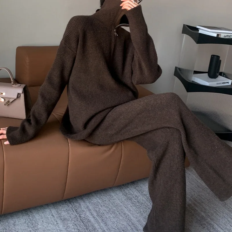 Spring Autumn New Solid Knit Two-piece Set Women Lapel Half-zipper Pullover Sweater+High Waist Wide Leg Pants Women Knitted Suit
Spring Autumn New Solid Knit Two-piece Set Women Lapel Half-zipper Pullover Sweater+High Waist Wide Leg Pants Women Knitted Suit