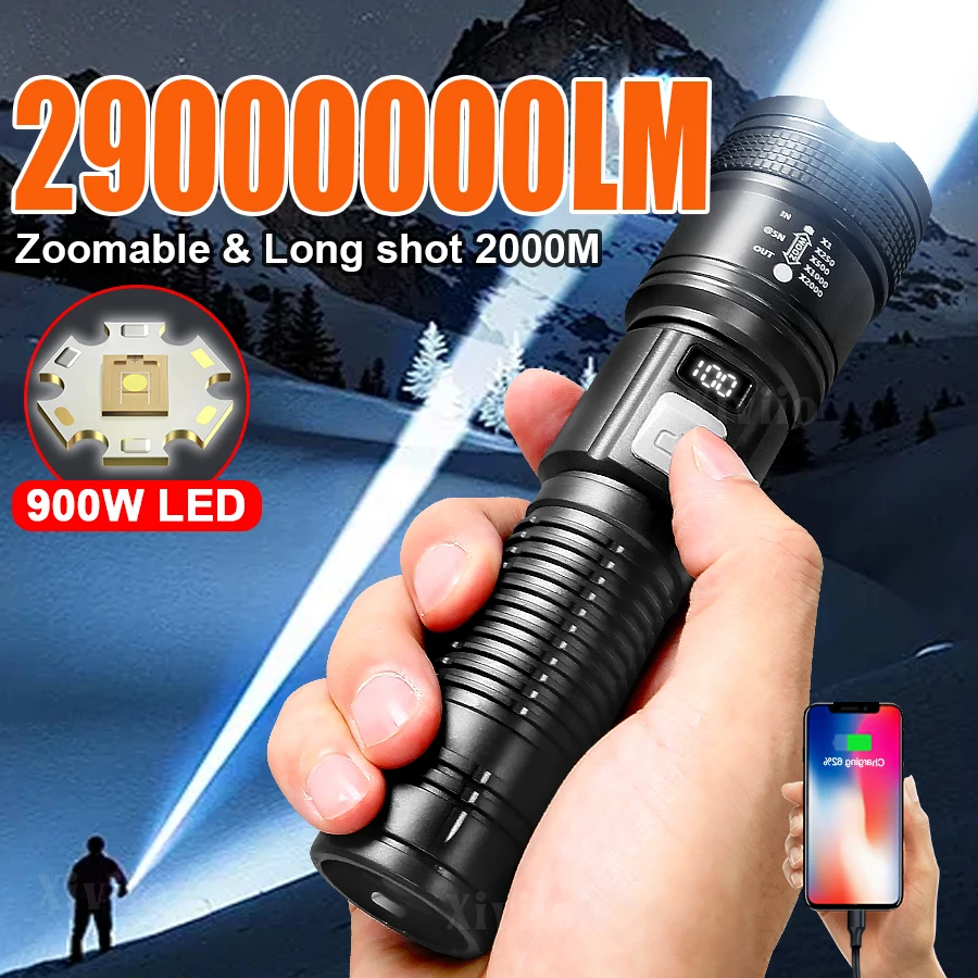 2900000LM Высокая мощность 900 Вт светодиодный фонарик сверхмощный встроенный аккумулятор 2600 мАч перезаряжаемый фонарик ручной фонарь для кемпинга
2900000LM Высокая мощность 900 Вт светодиодный фонарик сверхмощный встроенный аккумулятор 2600 мАч перезаряжаемый фонарик ручной фонарь для кемпинга