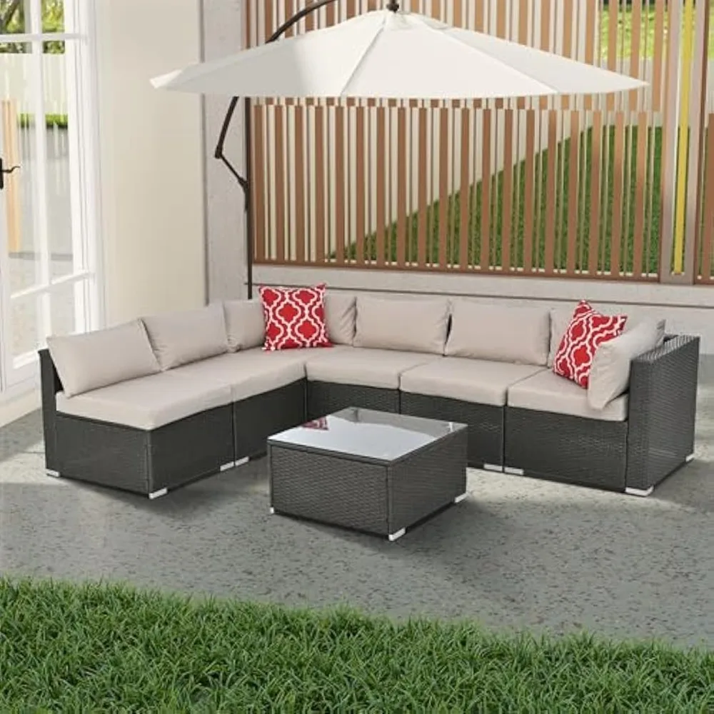 7-Piece Outdoor Patio Furniture Set, Rattan Wicker Sectional Conversation Set with Coffee Table, 2 Pillows, Beige
7-Piece Outdoor Patio Furniture Set, Rattan Wicker Sectional Conversation Set with Coffee Table, 2 Pillows, Beige