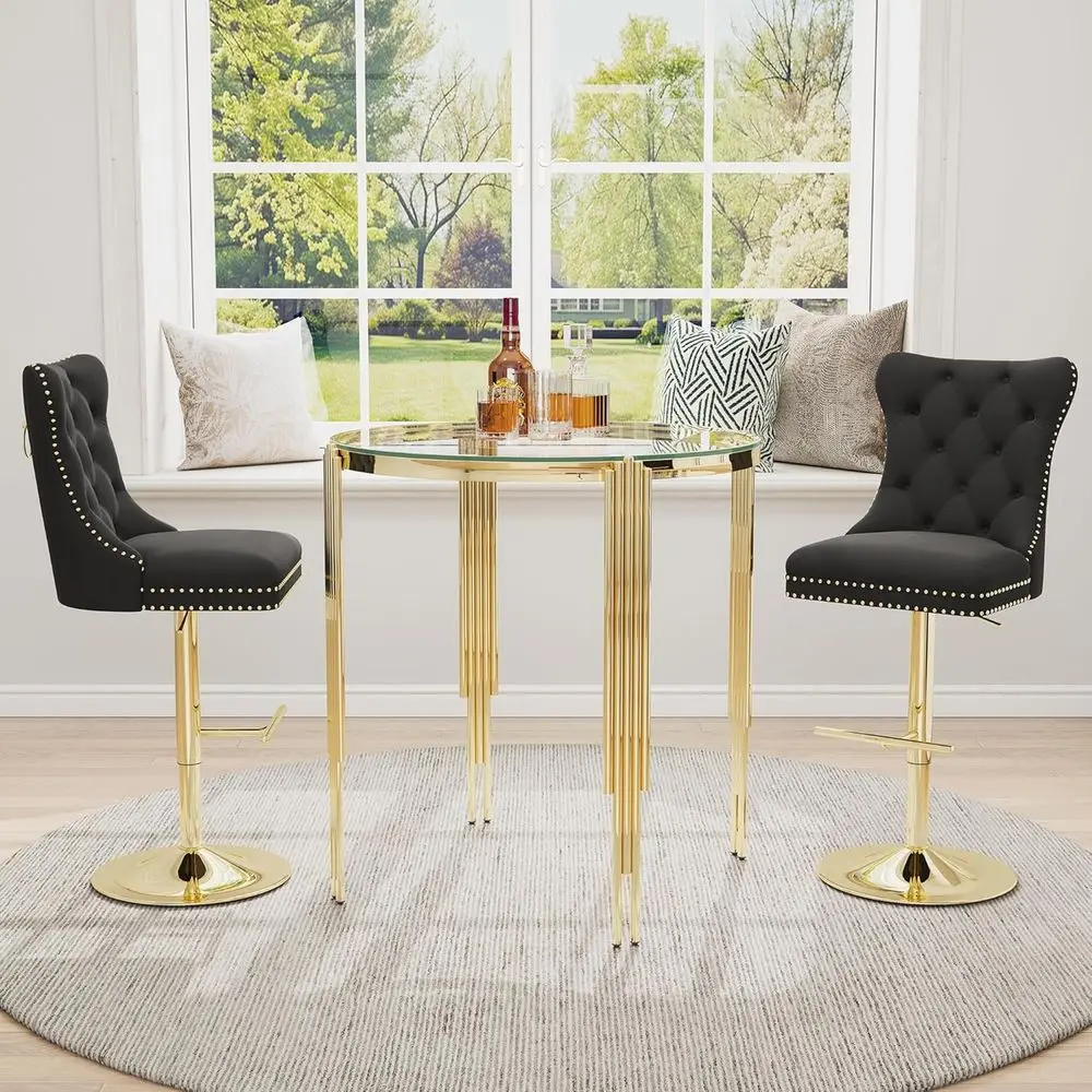 Round Dining Table Set with 37 Inch Counter Height Bar Table and 2 Black Adjustable Height Bar Stools (Gold Legs)
Round Dining Table Set with 37 Inch Counter Height Bar Table and 2 Black Adjustable Height Bar Stools (Gold Legs)