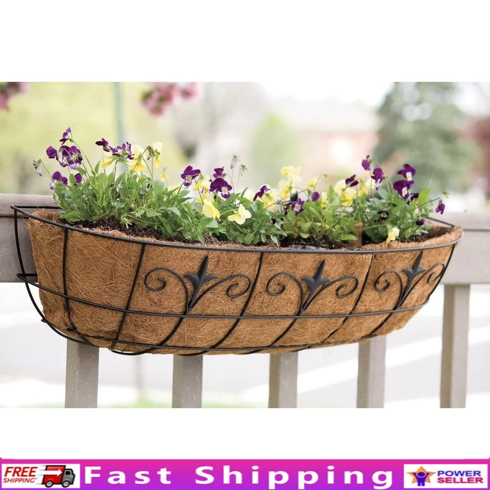 Steel Window Planter 30 Inch Black Deck Planter with Coco Fiber Liner Cascading Flower Side Planters Universal Mounting Hardware
Steel Window Planter 30 Inch Black Deck Planter with Coco Fiber Liner Cascading Flower Side Planters Universal Mounting Hardware