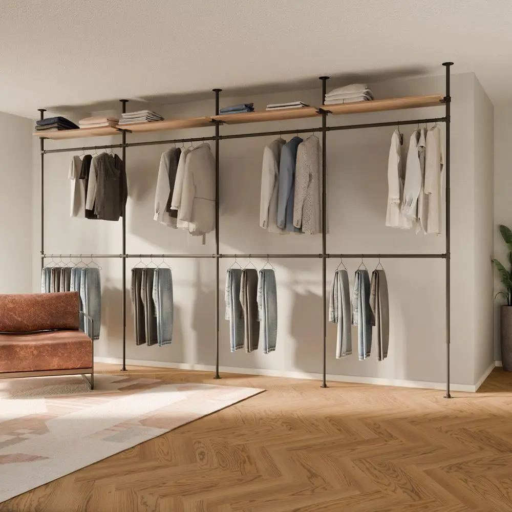 Industrial Pipe Clothing Rack with Shelf 660 lbs Capacity Clamping Clothes Rack and Walk In Closet with Oak Shelf for Wardrobe
Industrial Pipe Clothing Rack with Shelf 660 lbs Capacity Clamping Clothes Rack and Walk In Closet with Oak Shelf for Wardrobe